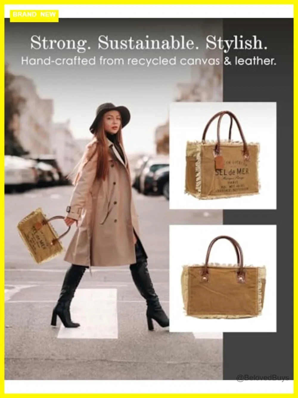 Canvas Tote Bag with Buffalo Leather Strap Hobo Shoulder Handbag